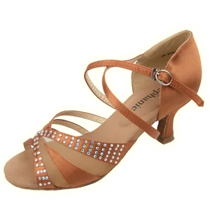 2.25" Cindy -- Women's Flare Heel Latin Sandal -- Dark Tan Satin