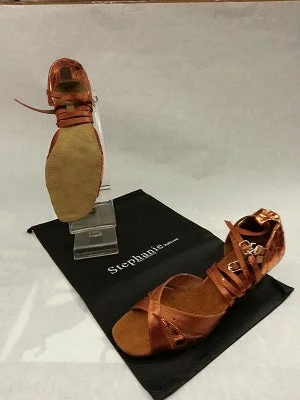 2.5" Francine --  Flare Heel Latin Sandal -- Dark Tan Satin/Gold Foil