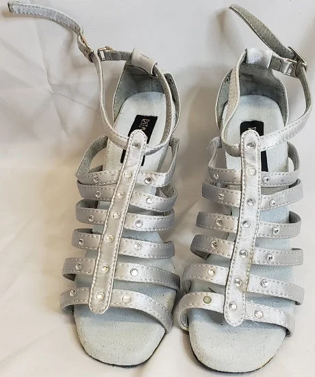 3.38" Brittany -- Flare Heel Latin Sandal -- Silver Satin