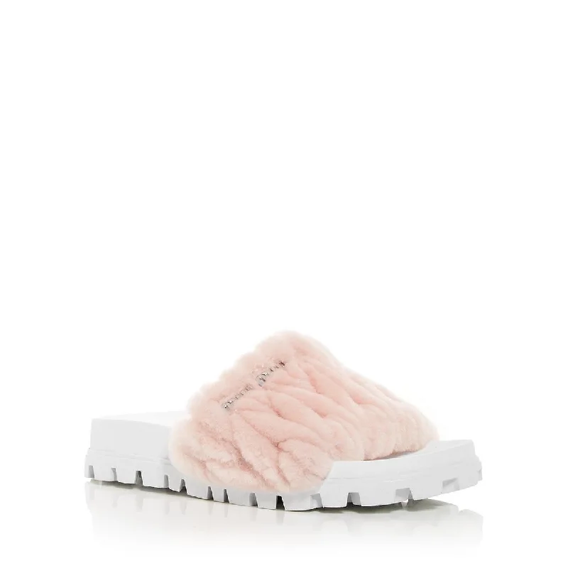 Miu Miu Womens Montone Matelasse Shearling Slip On Slide Sandals