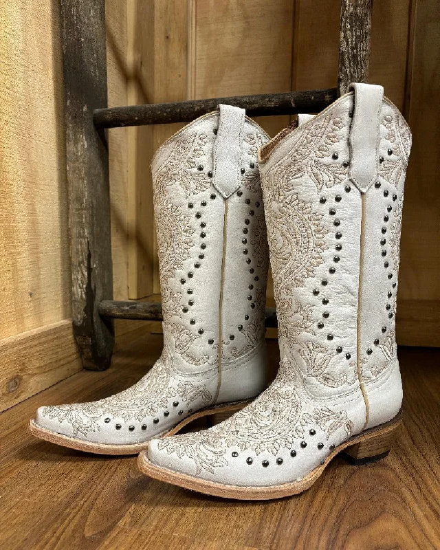 Circle G Women's White Embroidered & Stud Snip Toe Cowgirl Boots L6063